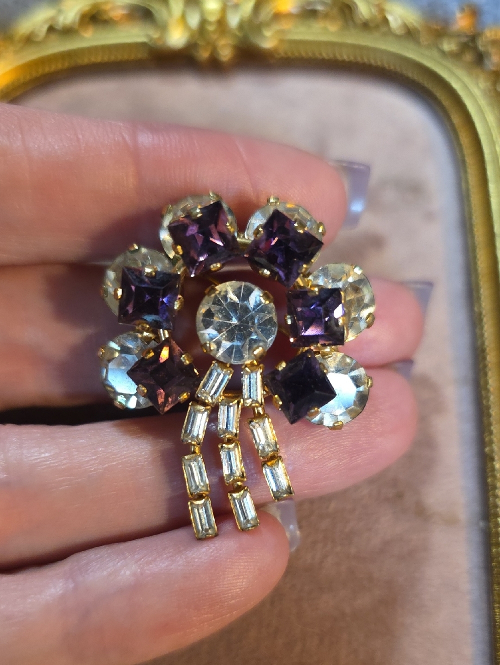 Vintage MCM Gold-Tone Purple and Clear Glass Flower Brooch